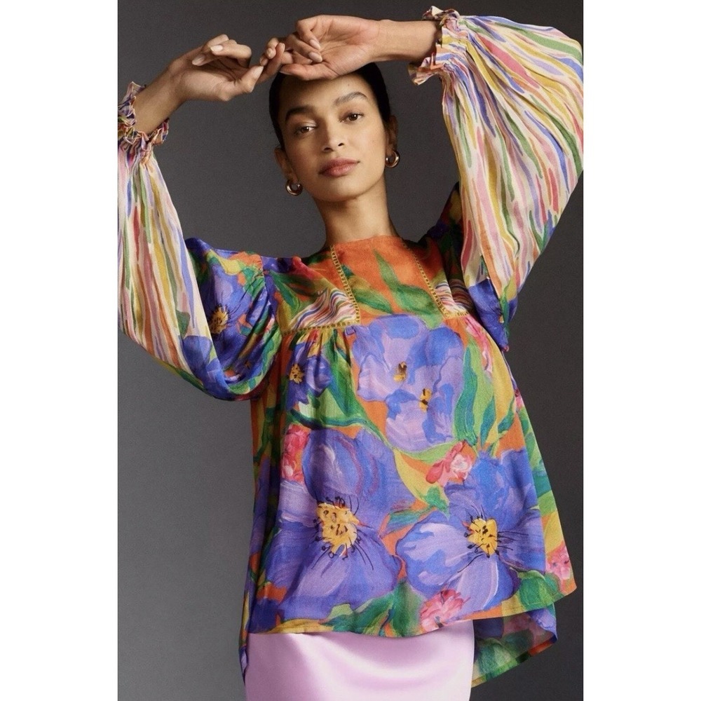 Anthropologie Bl^nk London Miranda boho Peasant Floral Sleeve Blouse Medium
